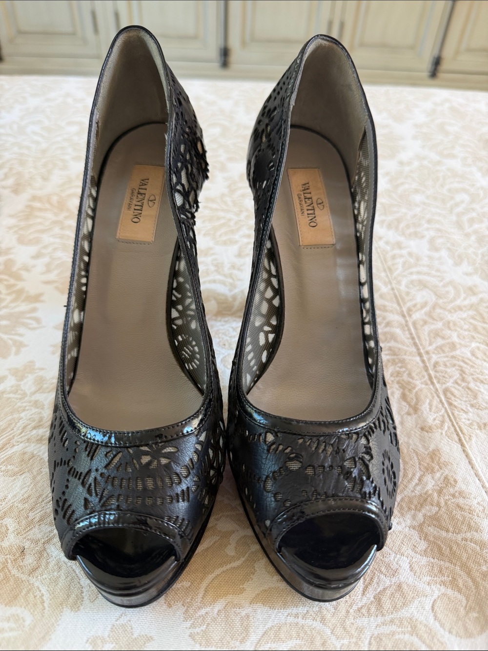 Valentino Black Laser-Cut Peep-Toe Pumps